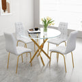 Glass Dining Table Set, Round Kitchen Table Set for 4 with Gold Glass Table and 4 White Faux Leather Upholstered Dining Chair fo