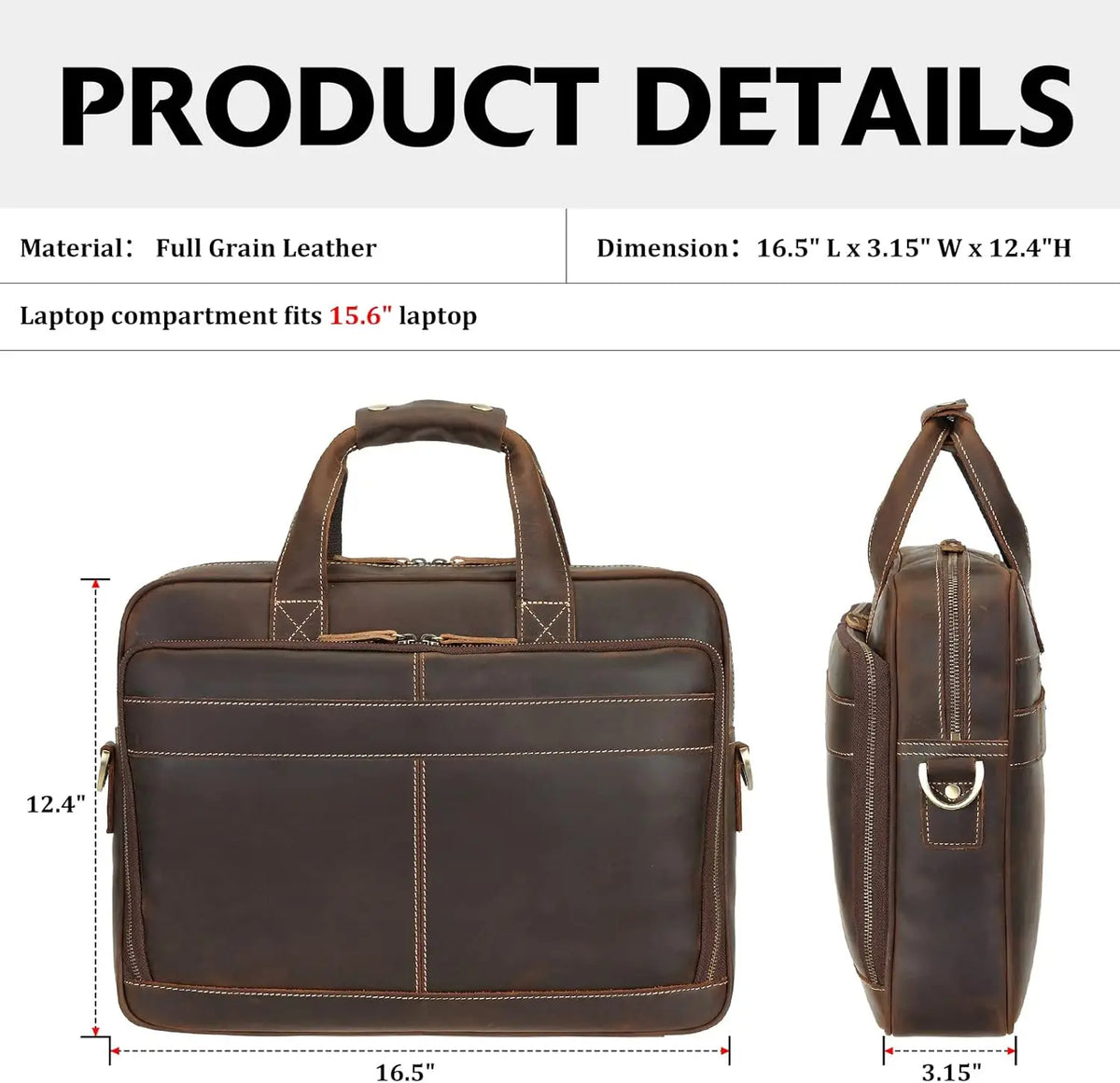 Full Grain Leather Laptop Briefcase for Men, Fits 15.6'' Computer, Business Messenger Work Bag