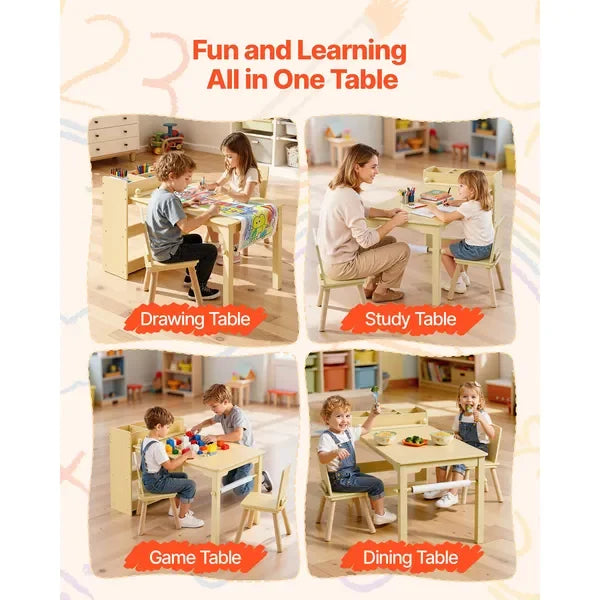 Kids Art Table and Chair Set, Toddler Craft Table with 3 Tiers Storage Cabinet, Wooden Kids Activity