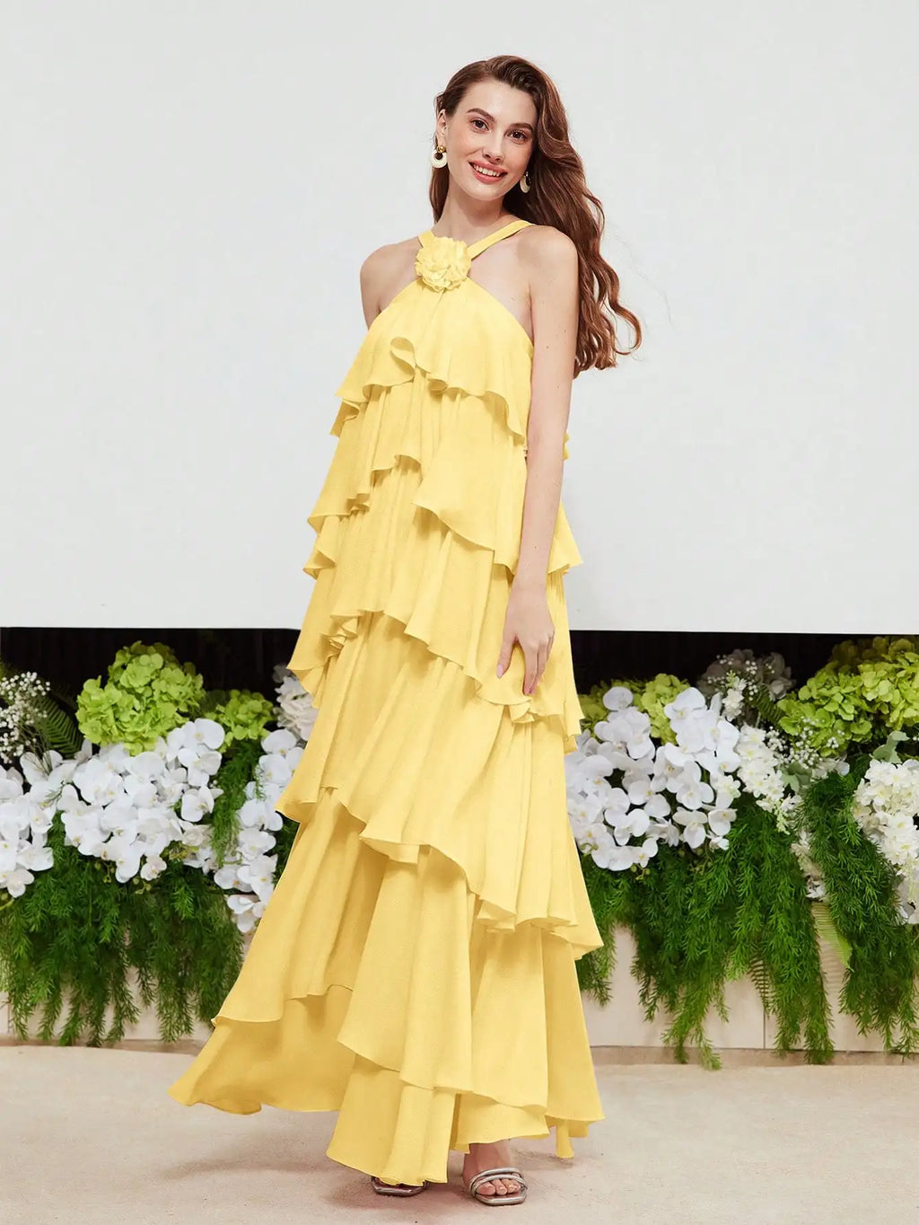 Pink Halter Neck Layered Ruffle Floral Detail Evening Dress
