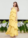 Pink Halter Neck Layered Ruffle Floral Detail Evening Dress