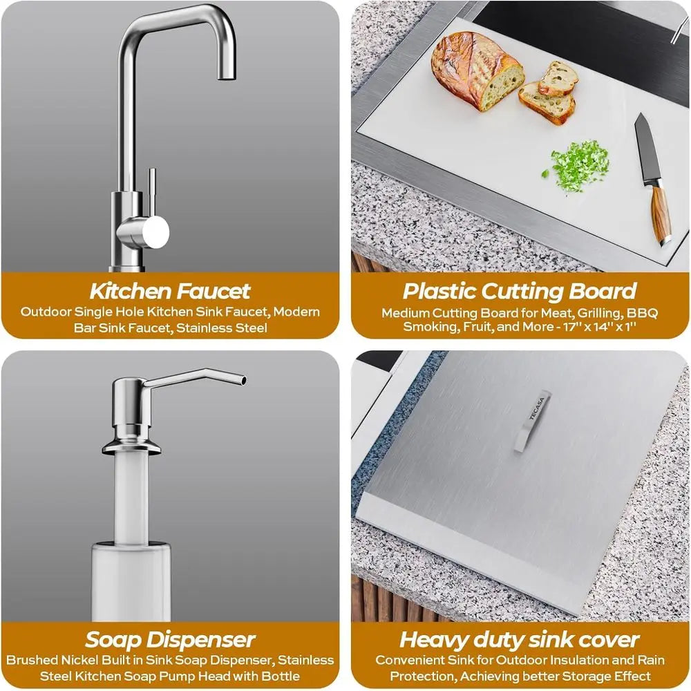 21 x 18 Drop-In Stainless Steel Single Bowl Kitchen Sink with Dust Lid, Cutting Board, and Faucet for Bar, RV, and Outdoor Use