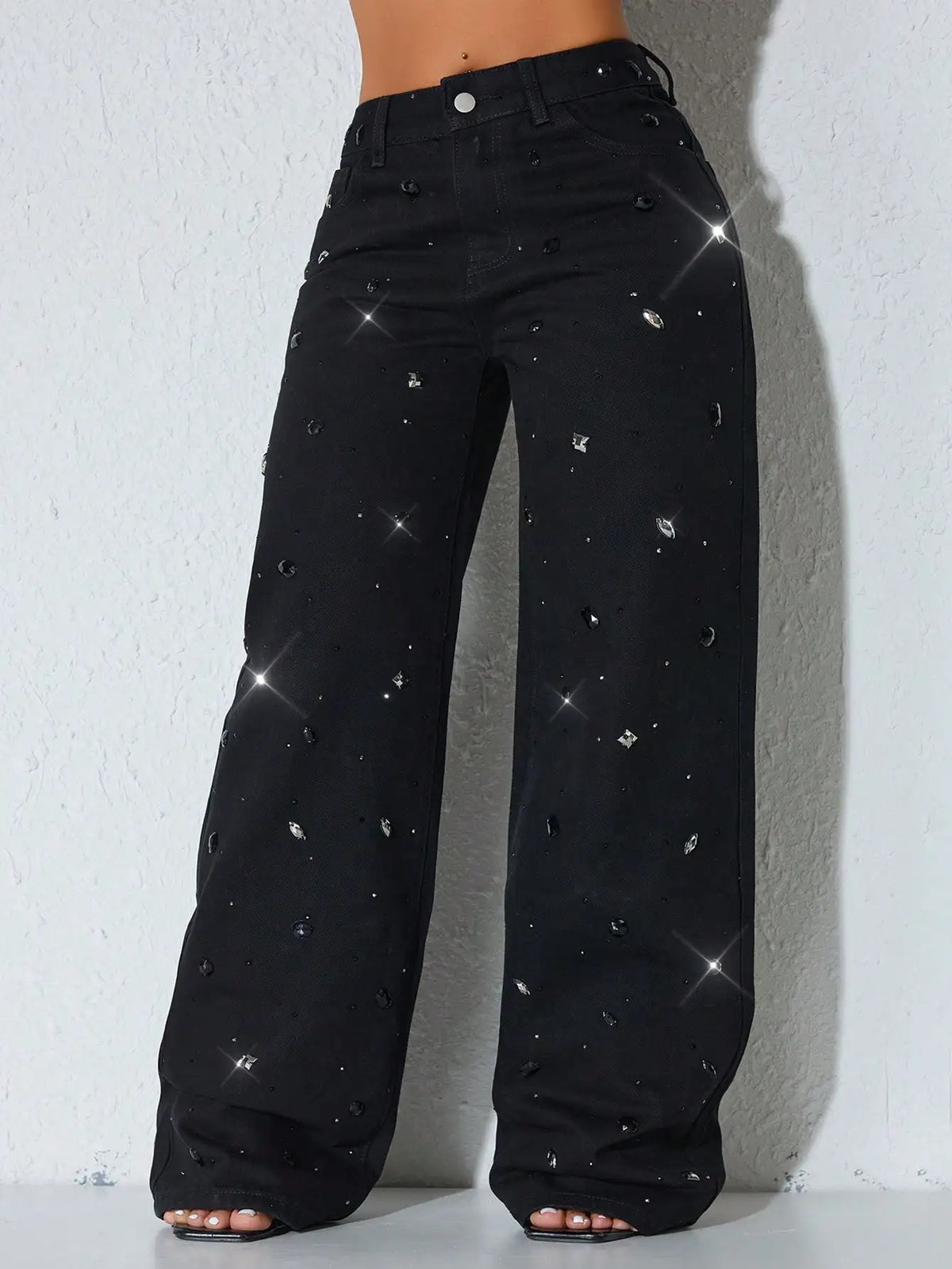 Low Waist Wide Leg Rhinestone Decorated Casual Blue Jeans For Women Spring