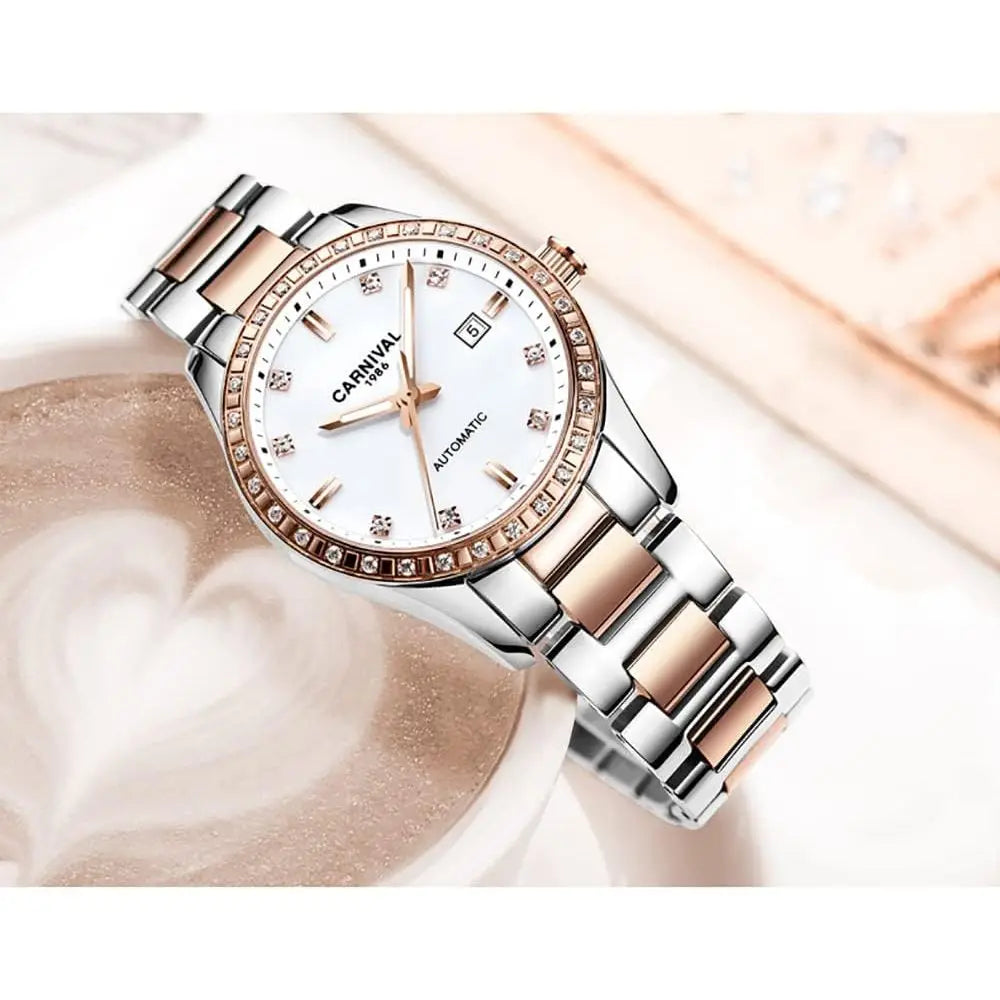 Women's Diamond Automatic Mechanical Rose Gold StainlSteel Sapphire Waterproo Lady's Elegant Blue Watch
