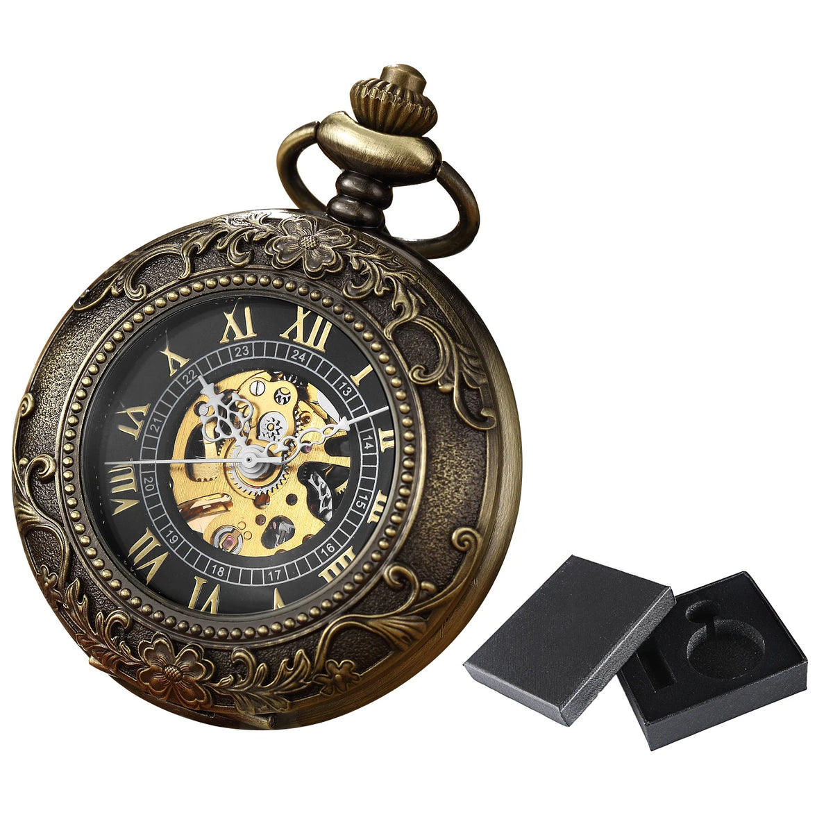 Luxury Retro Golden Hollow Skeleton Mechanical Pocket Watch Mens Fob Chain Steel Exquisite Sculpture Women Men Pocket Wath Gifs