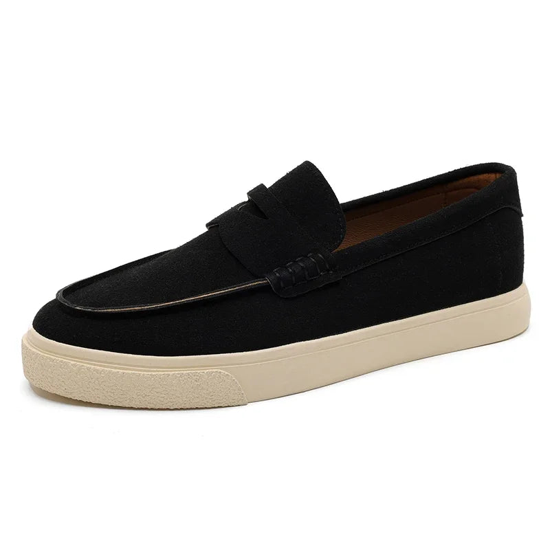 Men's Genuine Suede Moccasins: Black Round Toe, Decorative Flap, Stitching Accents, Brown Lining & Plush Comfort Fit