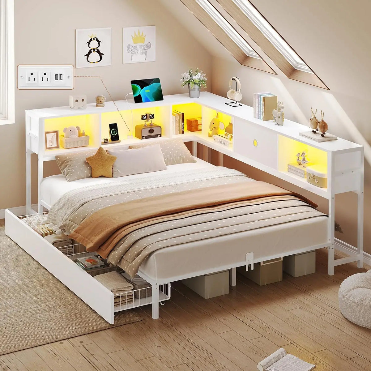 Corner Full Bed Frame LED Bookcase Storage Drawers Charging Station Metal Platform Daybed Bedroom Guest Room Oak Gray, Customize