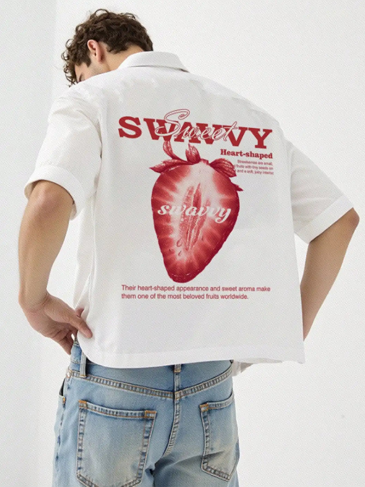 Men's White Loose Short Crop Shirt with Strawberry Graphic Print