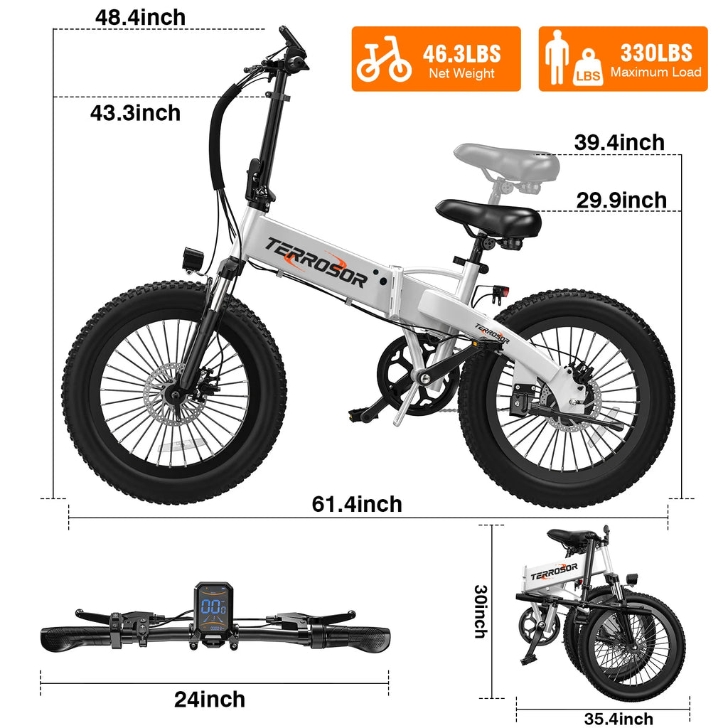TREEOSOR Electric Bike T8 Adults Electric Bicycle Peak 720W 48V 7.8AH e bike 20" Wide Tire Road Bike 20mph Electric Bike