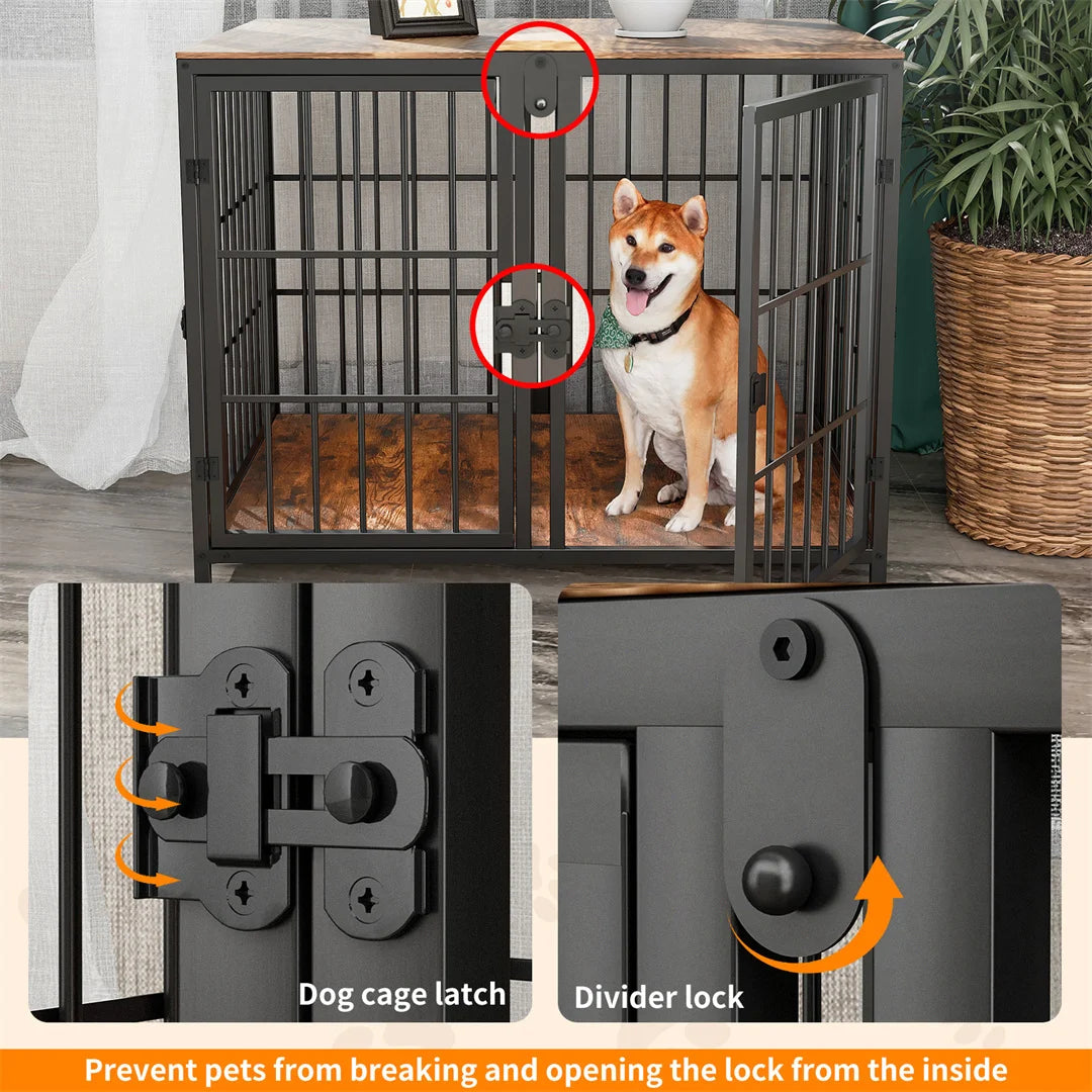 Heavy Duty Wooden Dog Crate Furniture Side Table,Pet Kennel with 4 Doors & Lock Latches for Small/Medium Dogs