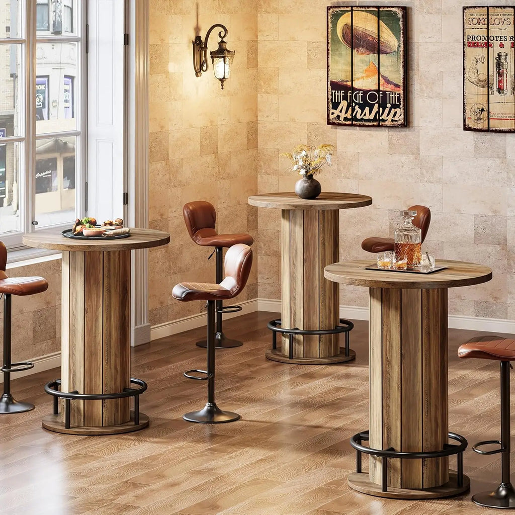 Round Bar Table, 39.4" H Wood Bistro Pub Table with Metal Ring Footrest for Dining Coffee Cocktail Living Room,, Customized