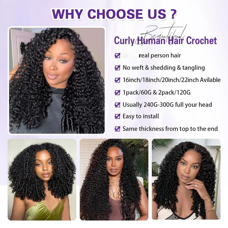 Burmese Curly Crochet Human Hair Extension Water Wave Brazilian Weave Pre Separated Knotless Feather Crochet Hair Bundles Black