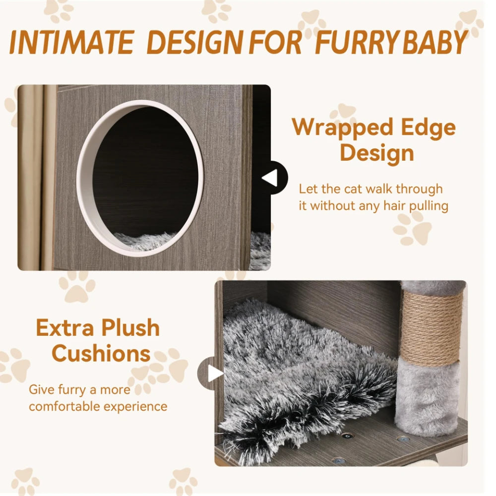 66.9" Cat Tree With Litter Box Enclosure Modern Cat Tower With Storage Cabinet Sisal Scratching Post Multi-Layer Activity Areas