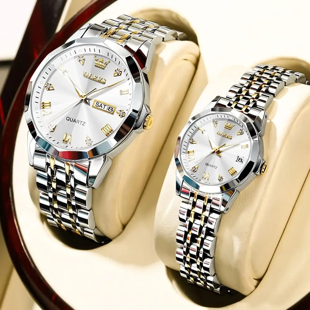 Valentine's Couple Watches Set, Luminous Calendar Date, 3ATM Waterproof Stainless Steel for Men and Women Romantic Gifts