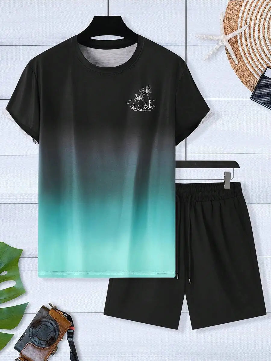 Men's Gradient Ombre T-Shirt and Shorts Set, Casual Loose Fit Beachwear