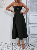 Black Cut-Out Front Knotted Strapless Midi Dress for Summer Vacation