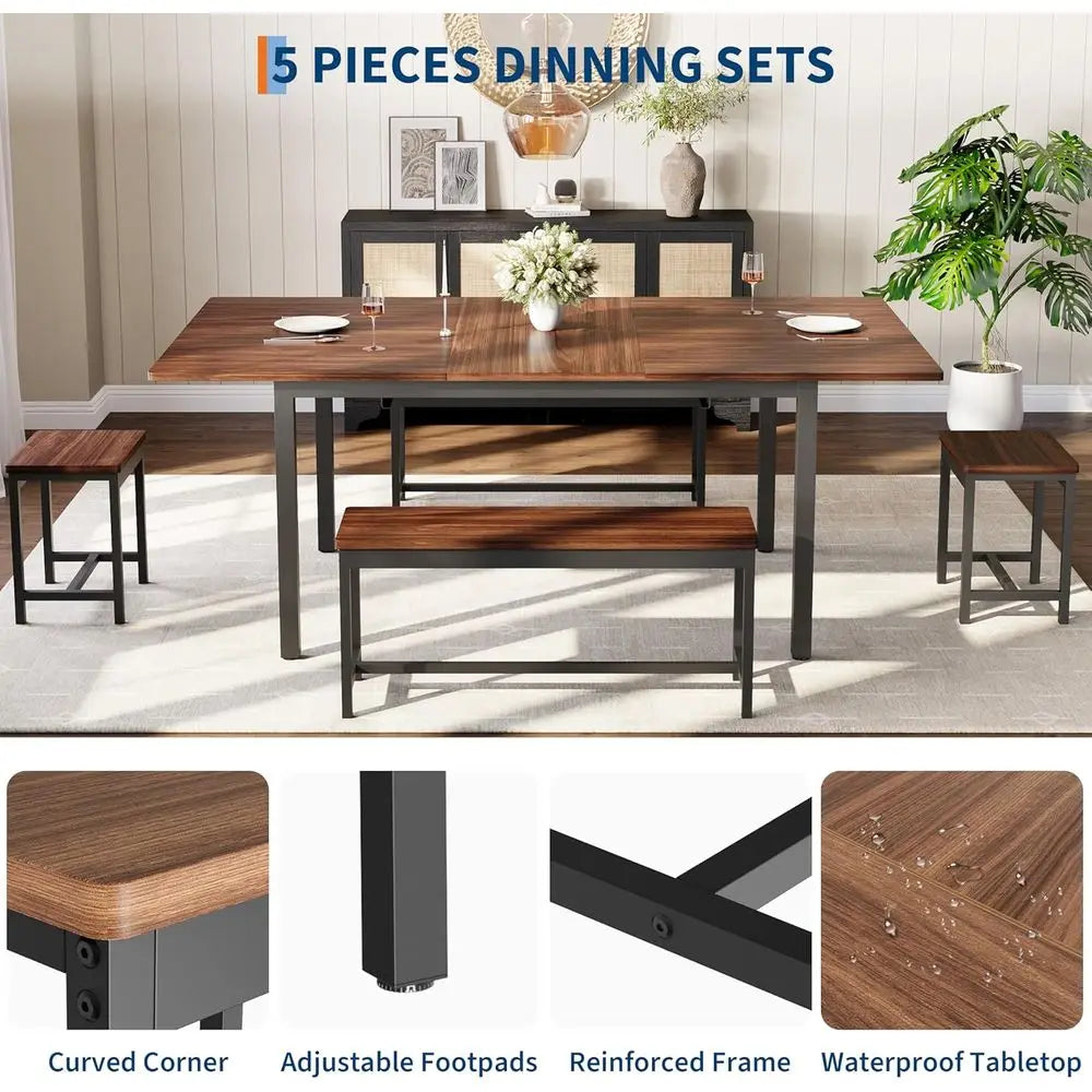 5-Piece Dining Table Set or 4-8 People, 63 in Large Exble Kitchen Table Set with 2 Benches and 2 Square Stools, ern Dining Room