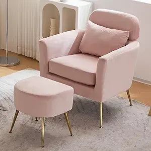 Accent Chair and Ottoman Set, Upholstered Flannelette Armchair for Living Room, Comfy Single Chair with Gold Feet & Footrest, In