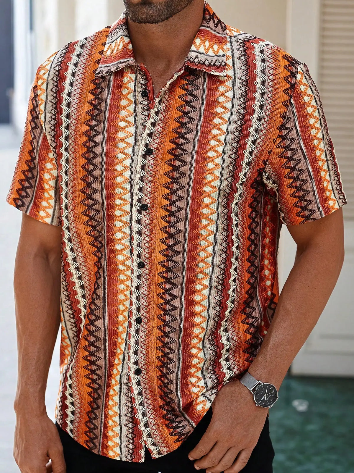 Men's Casual Short-Sleeve Shirt with Bohemian Geometric Stripe Pattern, Crochet-Knit Texture, Button-Front Design