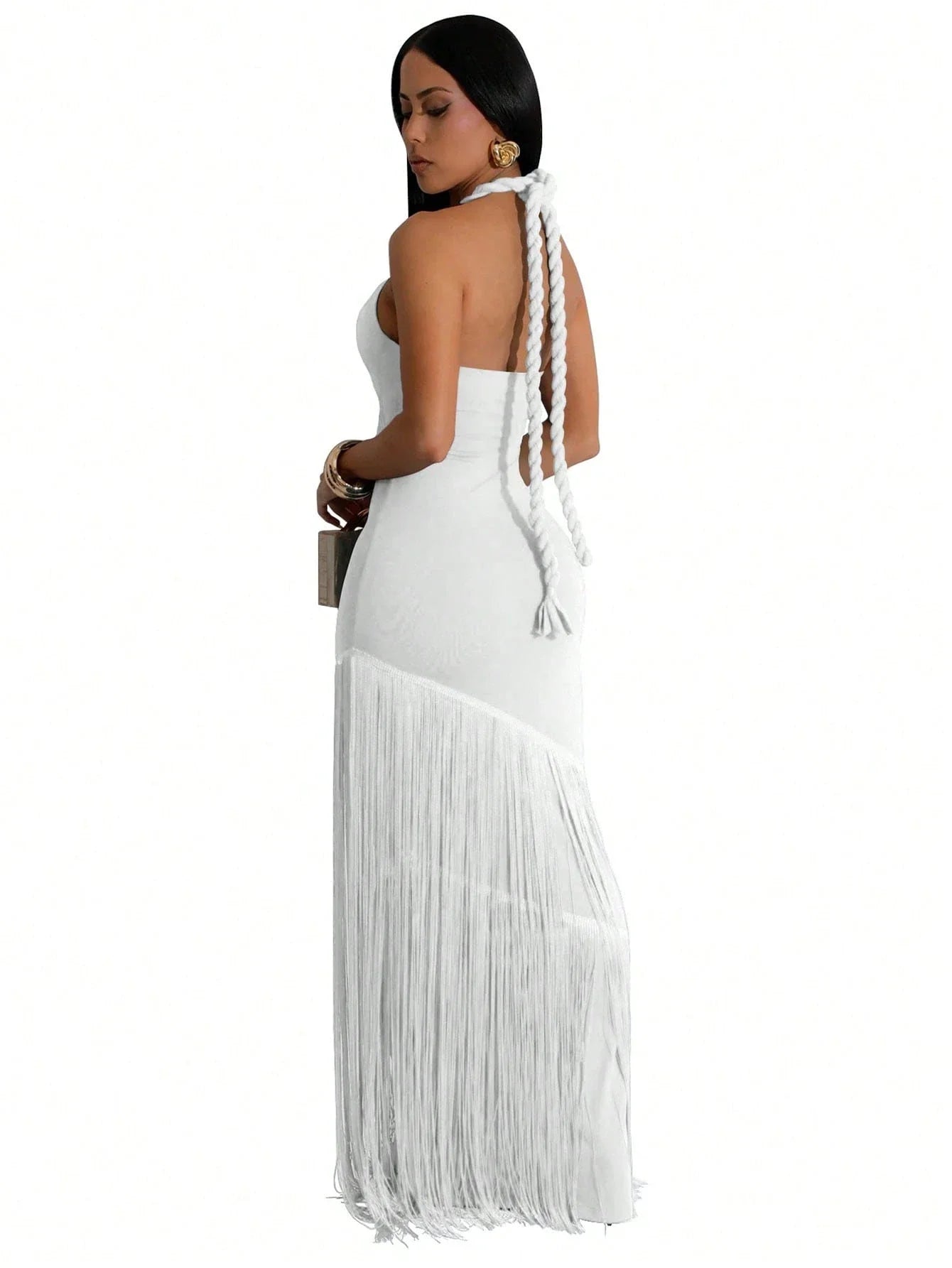 Solid Color Sexy Hollow Out Bodycon Tassel Hem Halter Cocktail Dress For Women Wedding White Spring Party