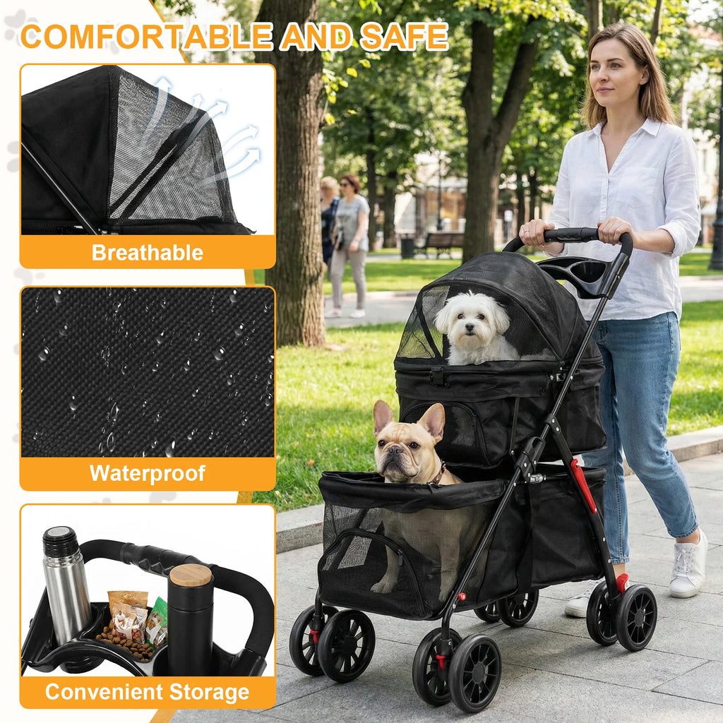 Cat Stroller for Dogs and Cats Foldable Cat Carrier with Safety Belts Cup Holder & Lockable Wheels for Daily Walks & Outdoor Use
