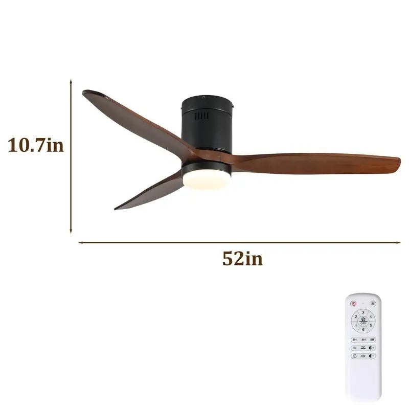 52" Ceiling Fan with Light, 3 Dark Walnut Wood Blades, Remote Control, 6-Speed Reversible DC Motor for Bedroom, Dining Room,