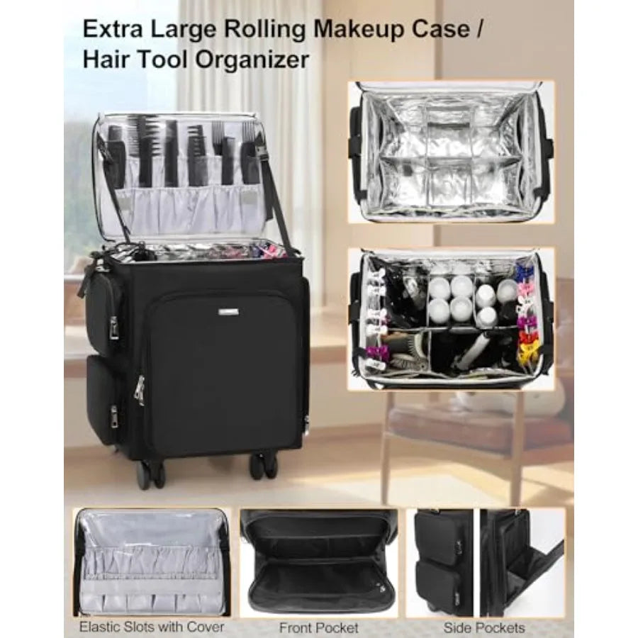 Relavel Rolling Makeup Case 4 in 1 Hairstylist Traveling Bag Cosmetology Case on Wheels Large Hair Tools Cosmetics Train Case M