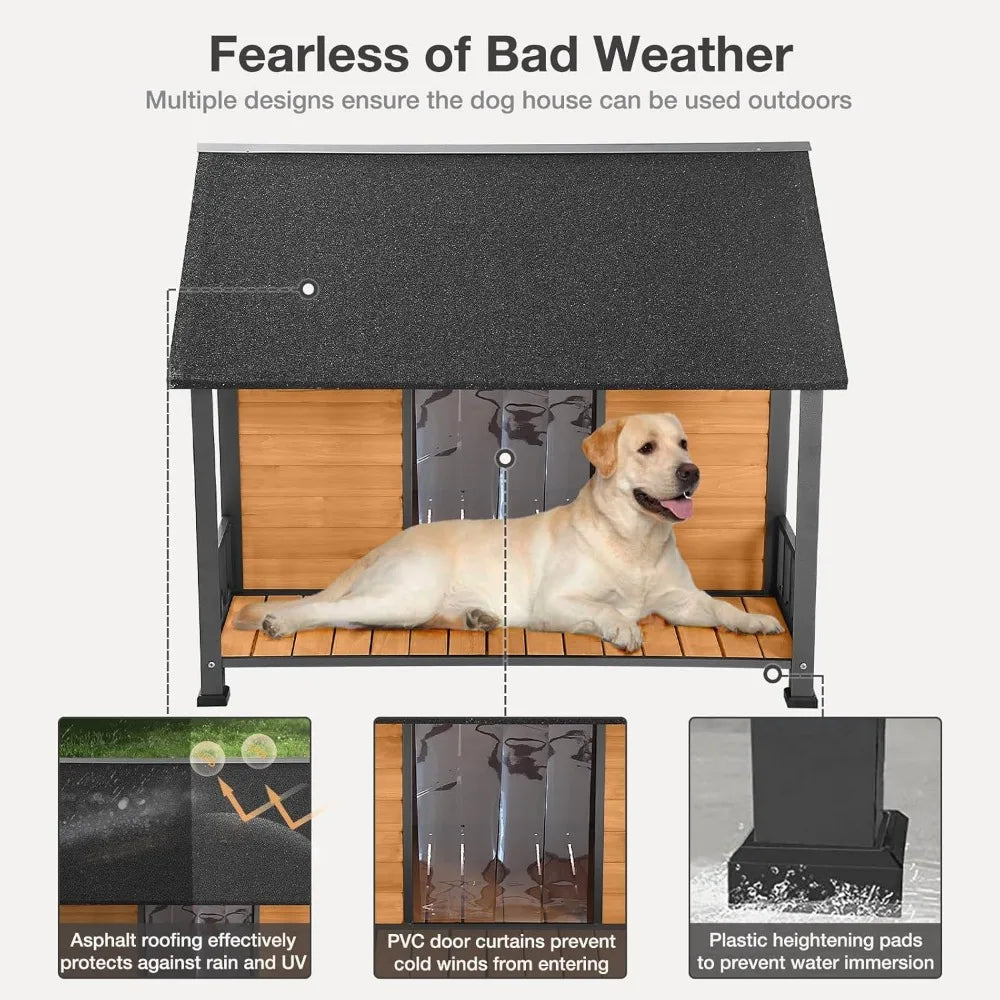 Outdoor Weatherproof Dog House, Easy to Assemble Puppy Shelter with All-Around Iron Frame & Fir Wood, Ideal for Large Dog Bree