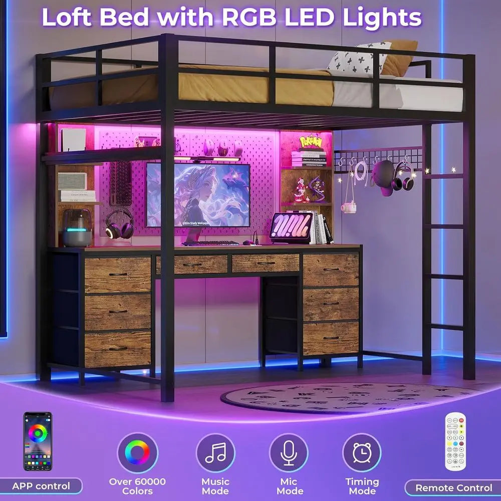 Twin Metal Loft Bed with Desk, 8 Drawer Storage, Charging Station, LED Lights, 4 Open Shelves, Noise-Free, Space-Efficient, No B