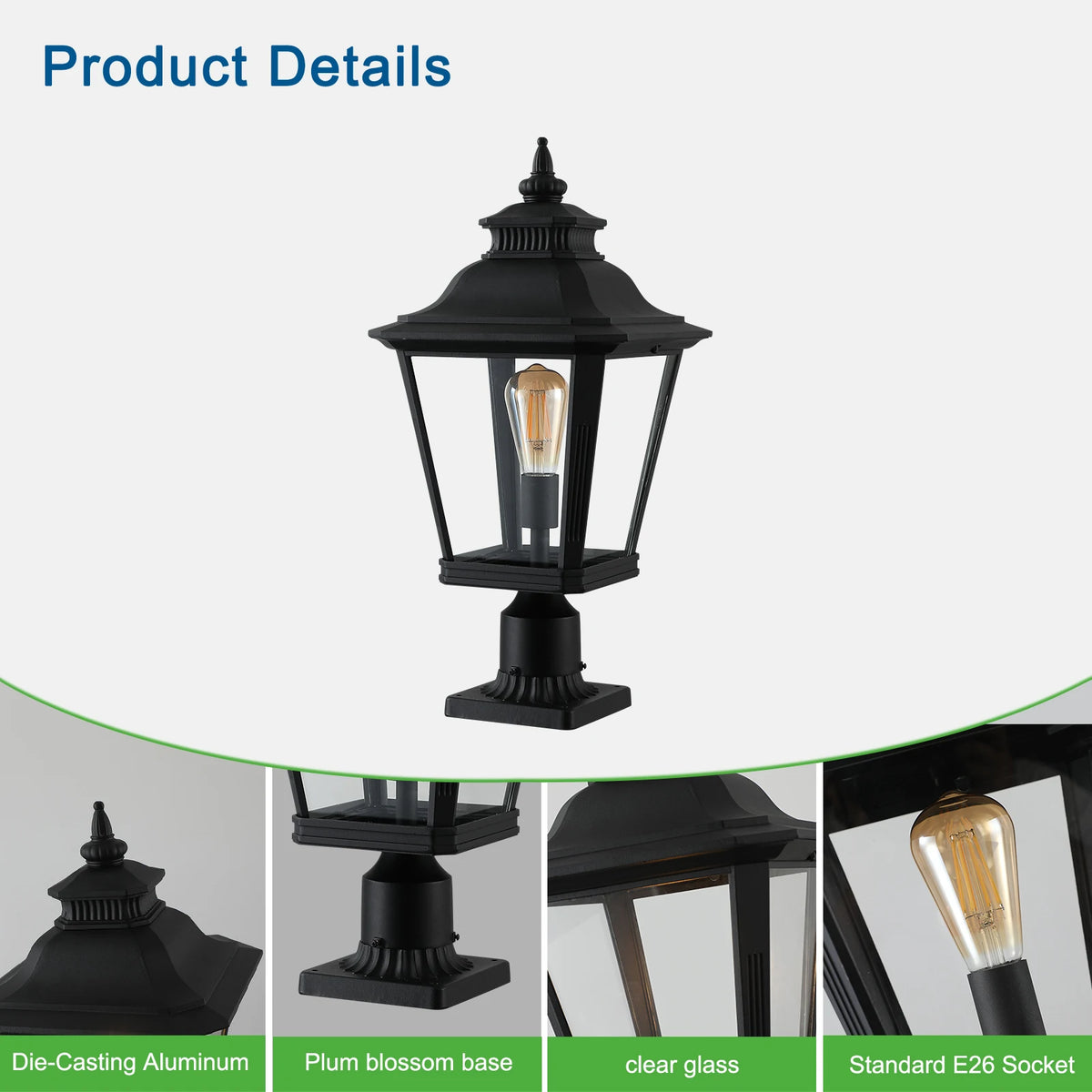 2 pack Large Outdoor Post Light Fixture 21'' Black Exterior Pillar Lantern Waterproof Anti-Rust Aluminum Post Lamp