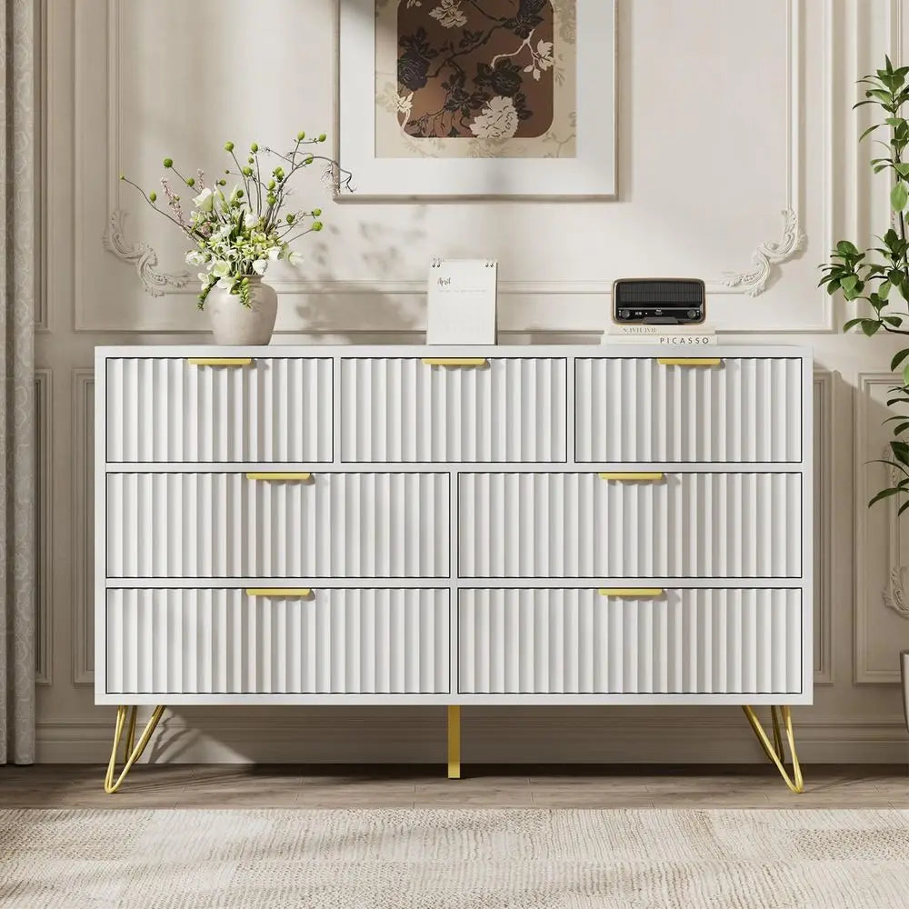Fluted Dresser for Bedroom, White 7 Drawer Dresser with Gold Handles and Wide Drawers, Wood Chest of Drawers for Bedroom, Hallwa