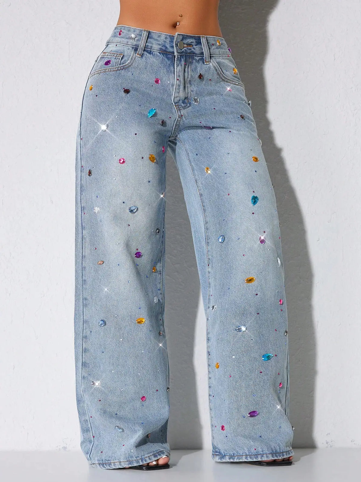 Low Waist Wide Leg Rhinestone Decorated Casual Blue Jeans For Women Spring