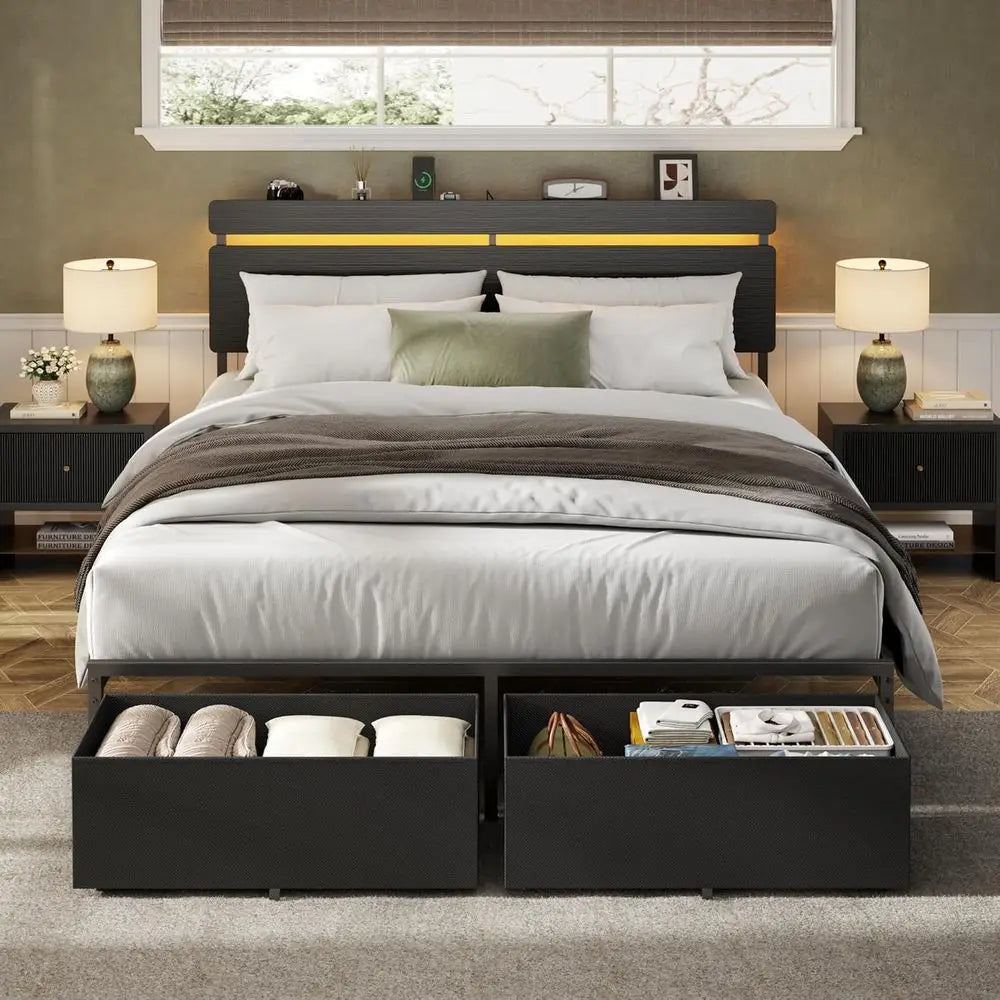 Queen Size Bed with Wooden Slat Support, Black Platform Design, Storage Drawers, Built-in Charging Station, LED Lighting, Metal