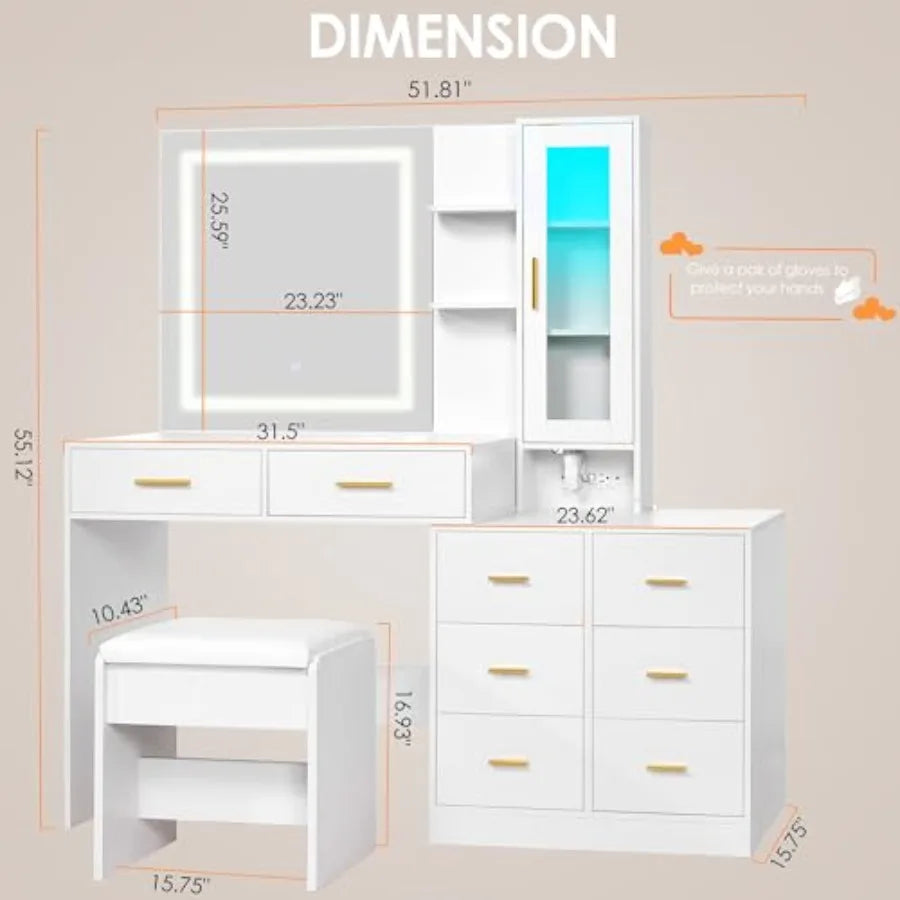 51.8" White Vanity Desk Mirror LED 3 Color RGB 8 Drawers Charging Station Stool Shelves Bedroom Makeup Table, Customized