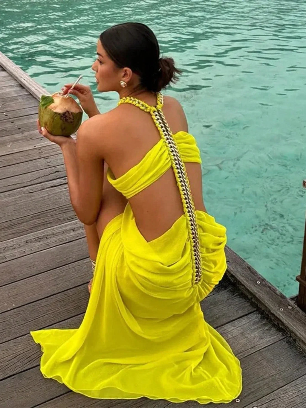 Vibrant Yellow Backless Halter Chiffon Maxi Dress With Chain Strap And Side Slits For Beach Party Evening Wear