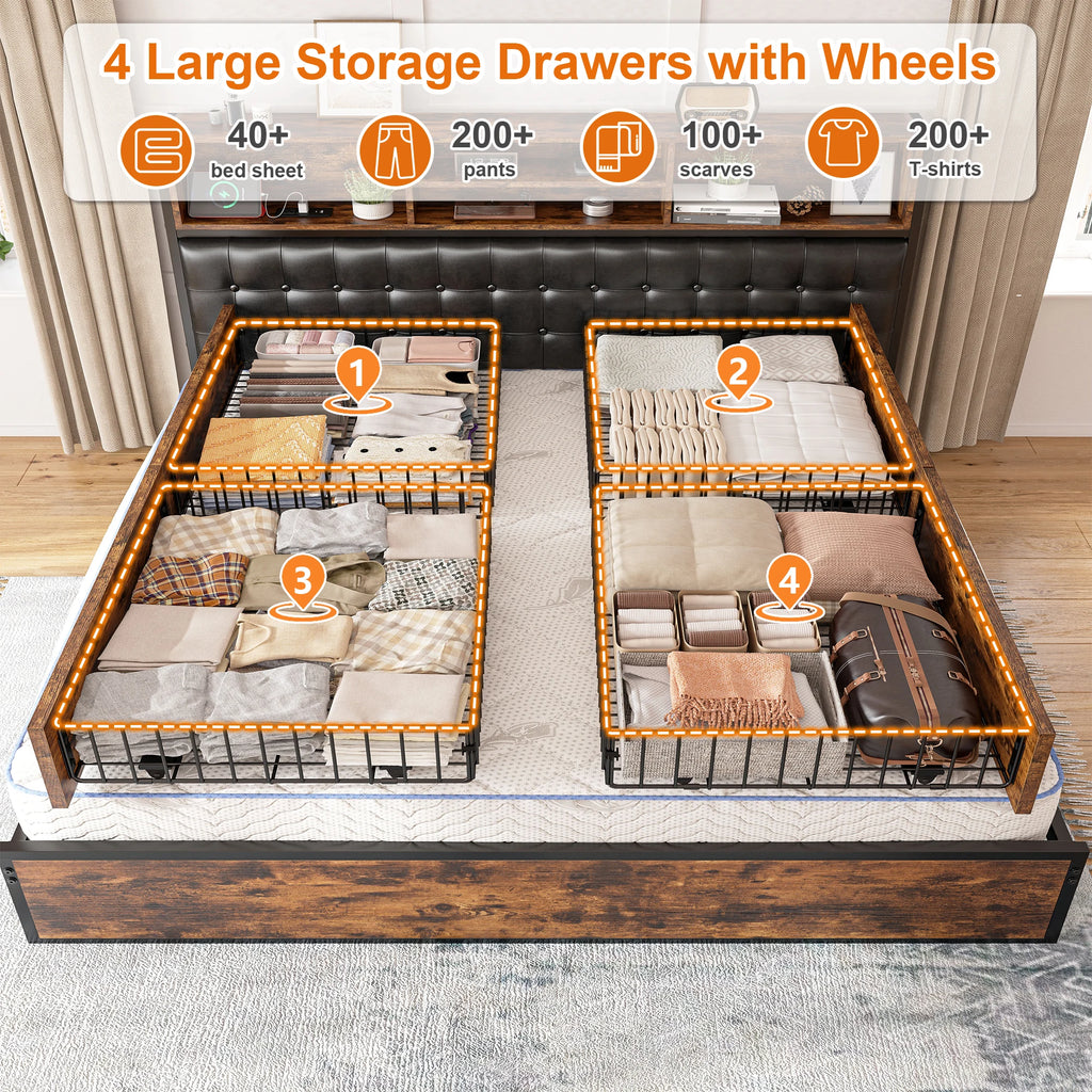 Full/Queen/King Bed Frame with Charging Station and 4 Storage Drawers Platform Bed Frame with Upholstered Headboard No Noise