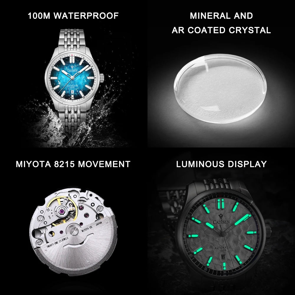 CADISEN NEW Automatic Mechanical Watch Man Silver Business Casual 10ATM Waterproof Japan MIYOTA 8215 Movement Men's Watches