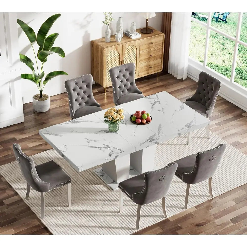 Marble Top 7-Piece Dining Set or 6-Piece Expandable Dining Table with Grey Tufted Chairs or 6-Seat Large Kitchen Table with Whit