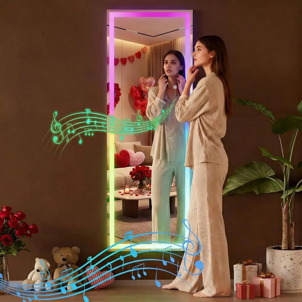 56"x16" LED RGB Bluetooth ull Length Mirror with Lights, ull Body Mirror with Stand, Wall Mount & ree Standing loor Mirror or Be