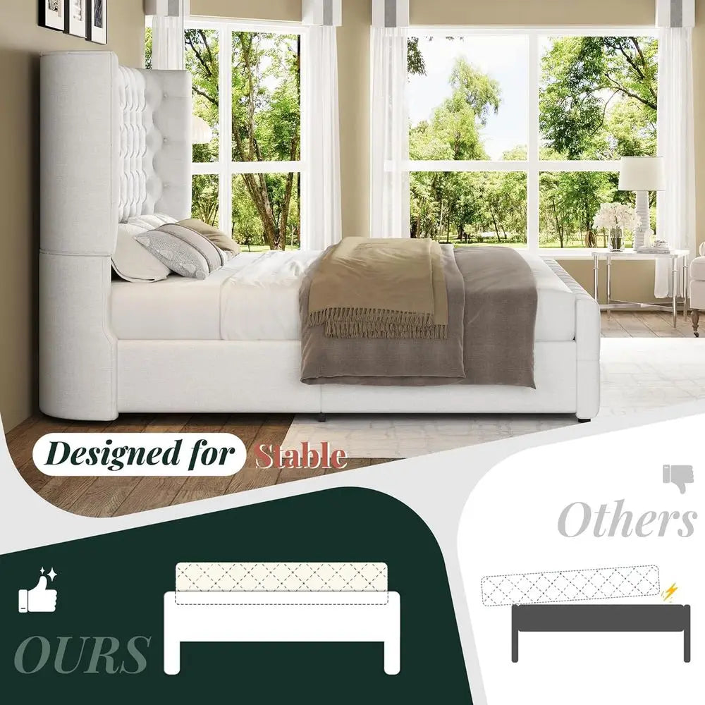 Queen Size Platform Bed with 6.3 Thick Upholstered Wingback Headboard, Deep Button Tufting, Easy Assembly, No Box Spring Needed,