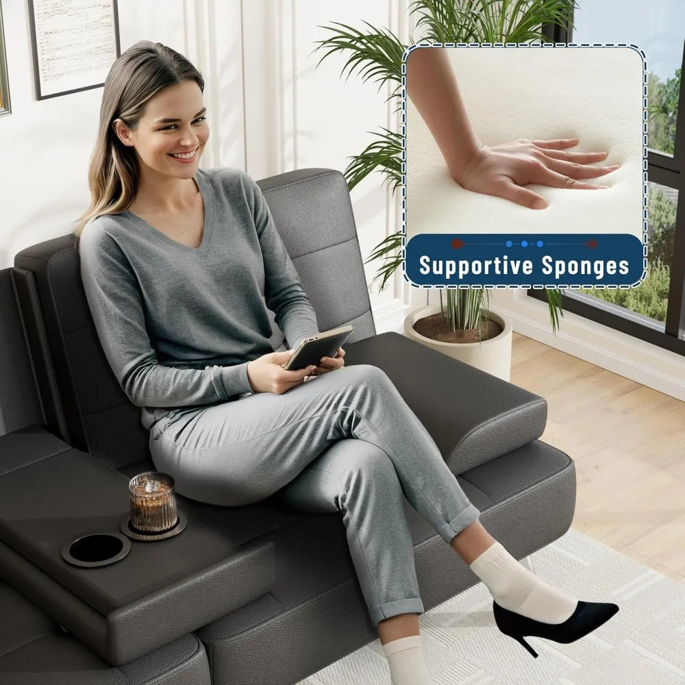 Adjustable Futon Couch Sleeper Sofa Bed with Cup Holders for Living Rooms and Offices, Ideal for Business Spaces and Comfortable