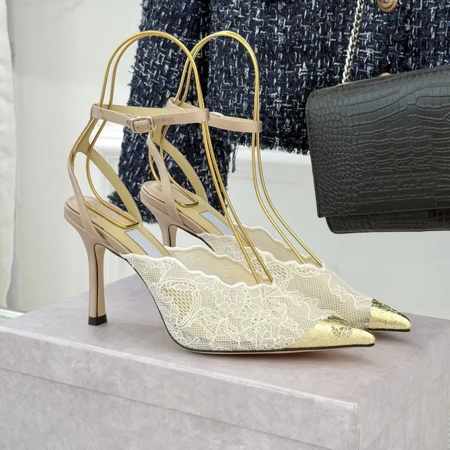 Fashion Lace mesh High heeled Slingbacks Sandals pumps ankle strap High heels Dress Shoes womens Luxury designer Wedding Evening