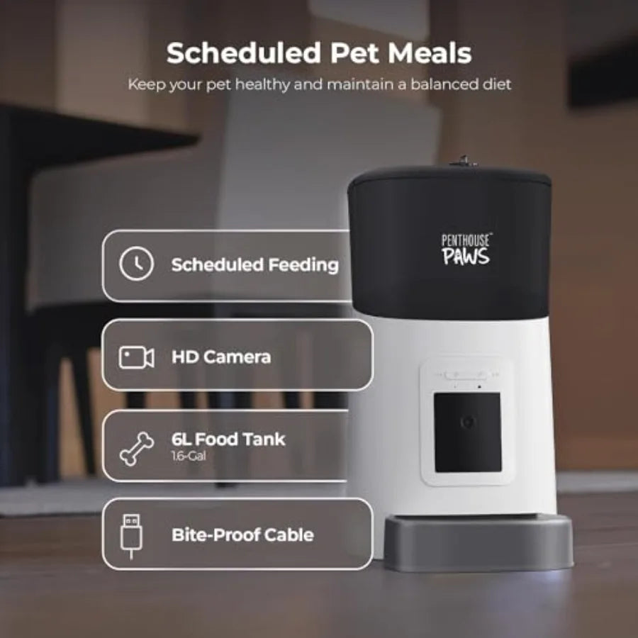 Smart HD Automatic Pet Feeder 6L Dry Food Ccity 1080p Camera 2-Way Audio Scheduled Meals Backup Power Easy to Clean Anti-Jam De