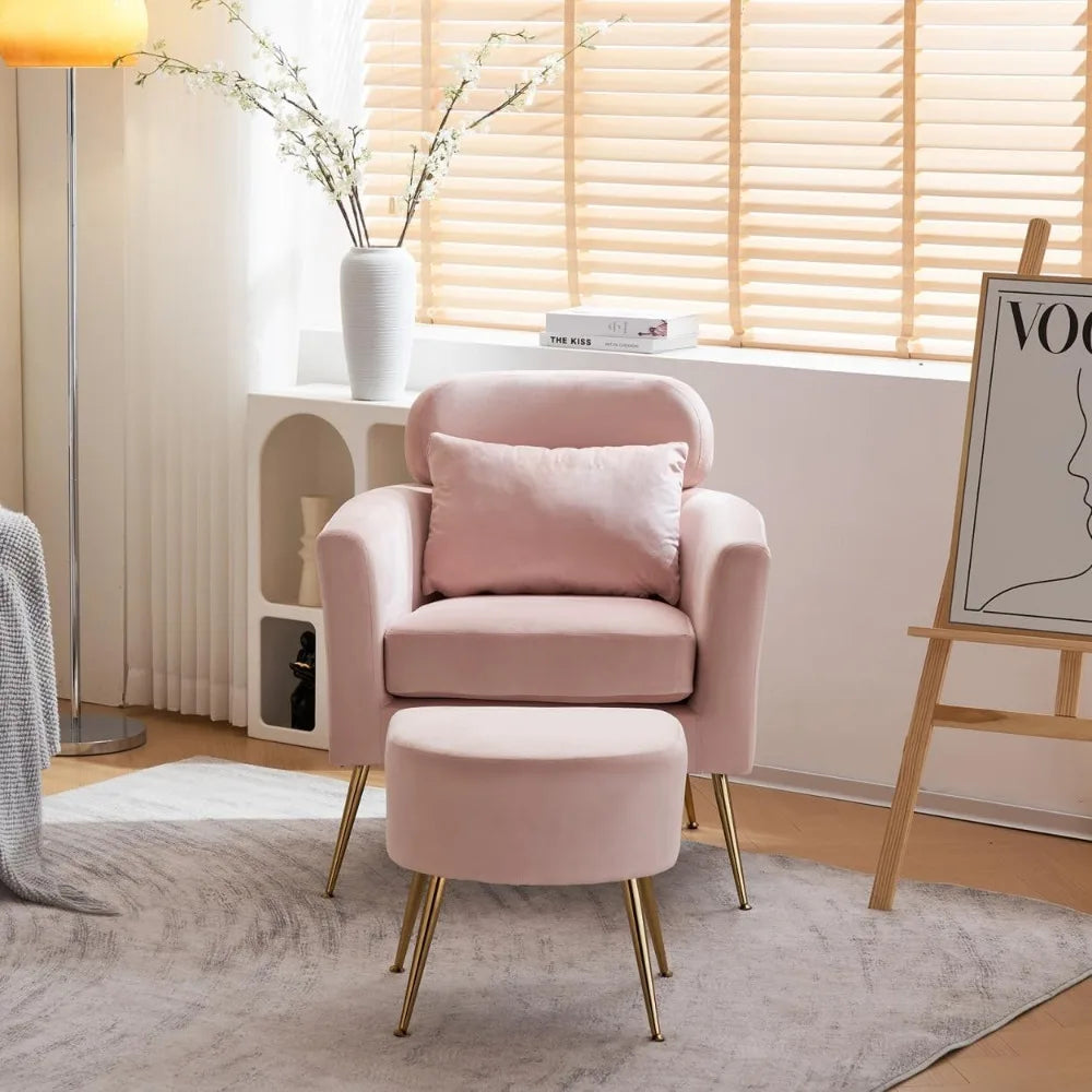 Accent Chair and Ottoman Set, Upholstered Flannelette Armchair for Living Room, Comfy Single Chair with Gold Feet & Footrest, In