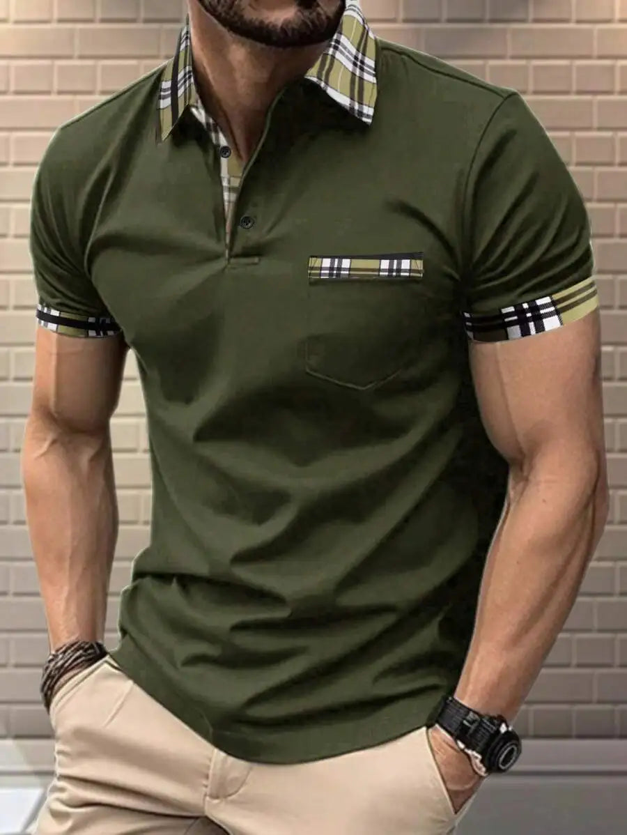 Navy Blue Men's Short Sleeve Polo Shirt with Plaid Trim Collar and Cuff