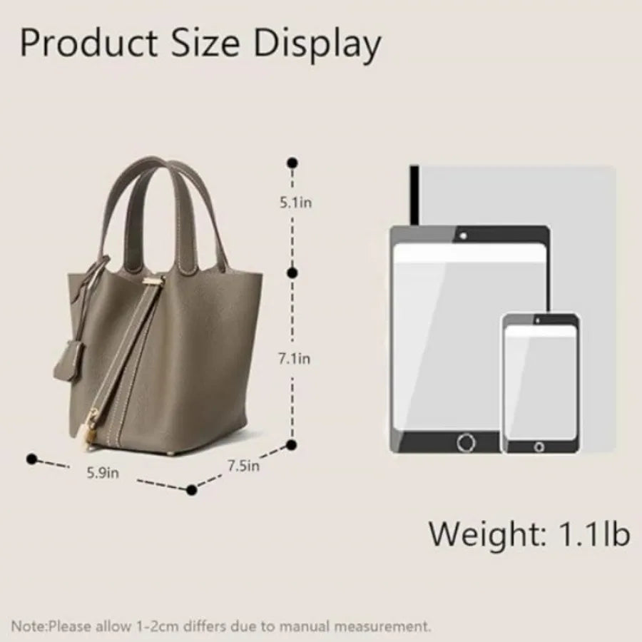 Genuine Leather Bucket Bag for Women: Lock Design Shoulder Handbag Versatile Top-Handle Tote Fashionable Vegetable Basket
