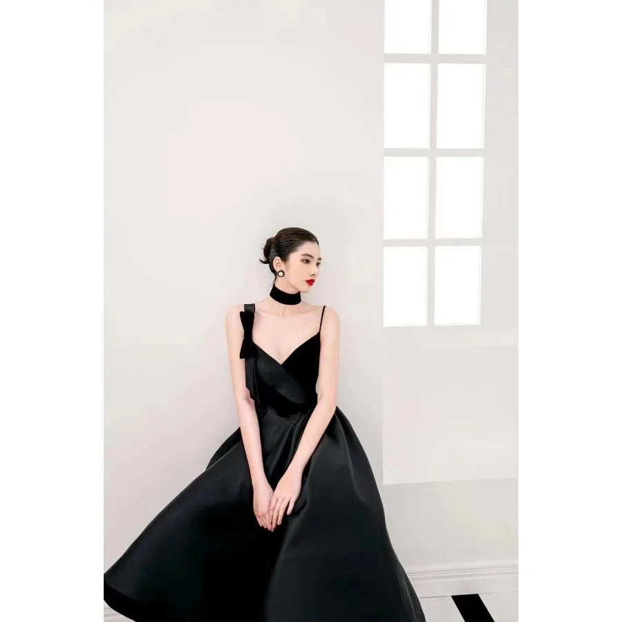 【New style】24 spring new product V-neck bow sexy goddess irregular waist slimming suspender party dress