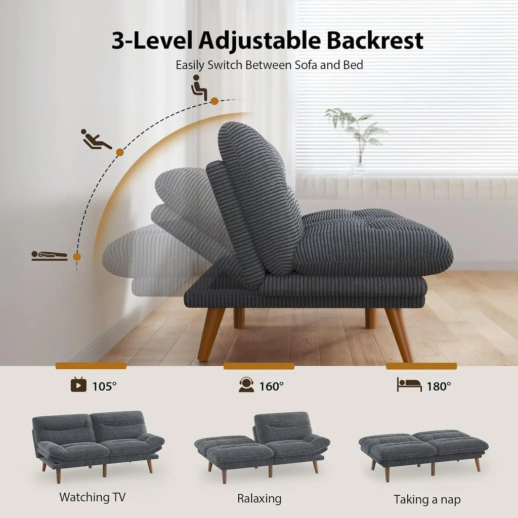66in Corduroy Convertible Futon Sofa Bed Adjustable Backrest Armrests 3in1 Sleeper Small Space Living Office Grey Customized