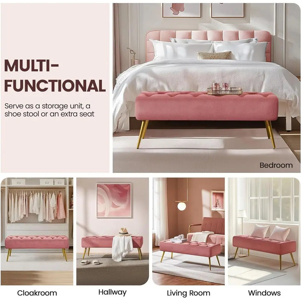 45 Upholstered Button-Tufted Ottoman Bench, Metal Legs, Suitable for End of Bed or Living Room, Pink Velvet Fabric