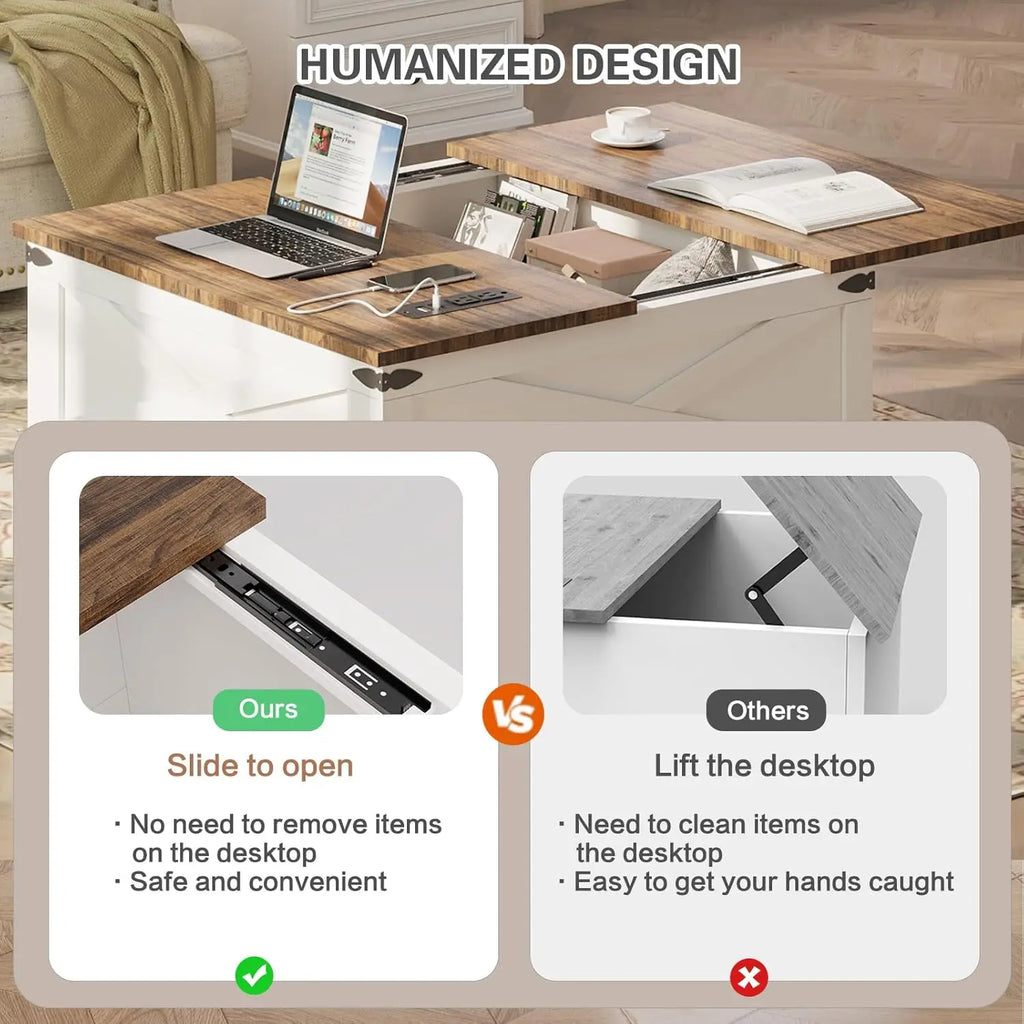 Lift Top Coffee Table with Storage, Square Coffee Table for Living Room with Charging Ports, Farmhouse Dining Table